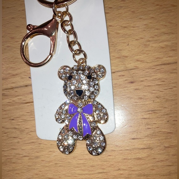 Rhinestone Bear Bag Charm - Keychain Gold with Lavender or Dark Blue Bow - New - Picture 1 of 5
